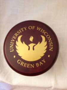Desk clock in round wooden box (University of Wisconsin)