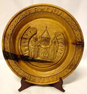 Souvenir carved wooden plate (Armenia) with stand