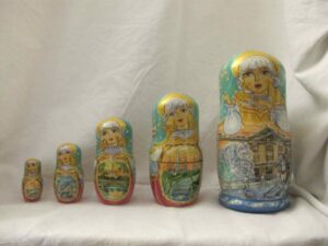 Set of five matryoshka dolls with each with a painted view of Tambov