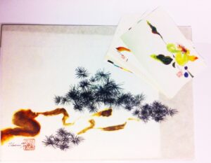 Watercolor painting Pine: hope. Perpetual youth and longevity and 8 watercolor post cart set