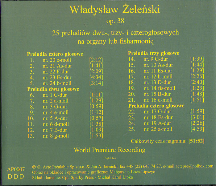 Vladyslaw Zelenski – 25 Preludiow organowych op. 38