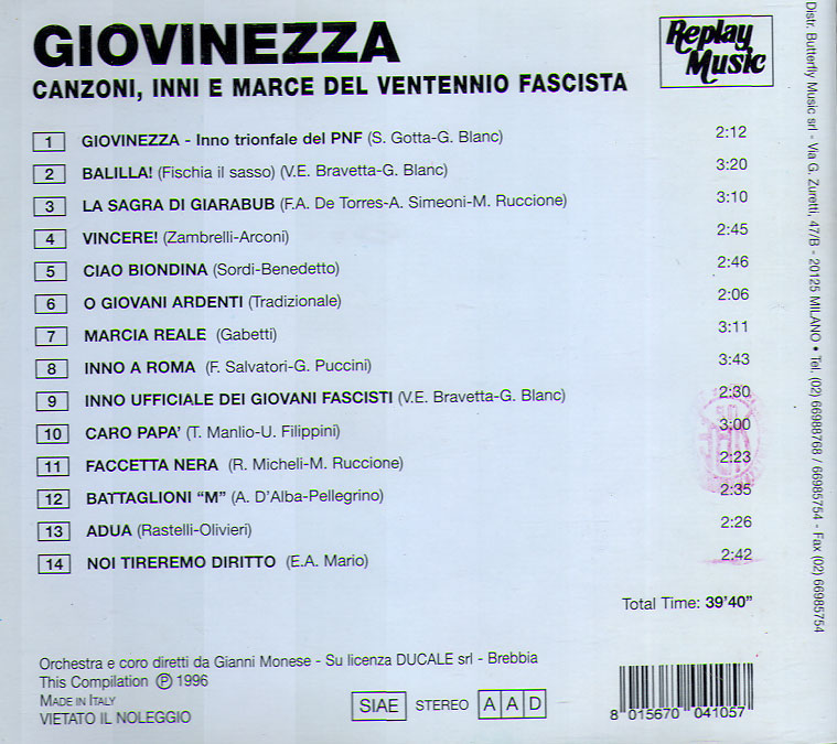 Giovinezza – Canzoni, inni e marce del Ventennio Fascista